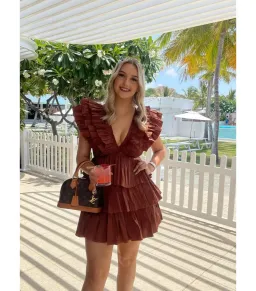 Aje Rythmic Frilled Mini Dress Brown Size AU 8 for rent on The Volte - image 4