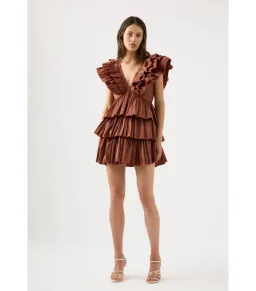 Aje Rythmic Frilled Mini Dress Brown Size AU 8 for rent on The Volte - image 1