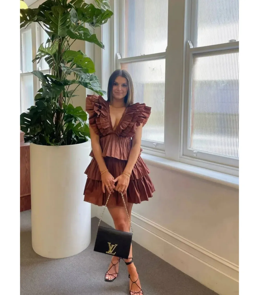 Aje Rythmic Frilled Mini Dress Brown Size AU 8 for rent on The Volte - main image