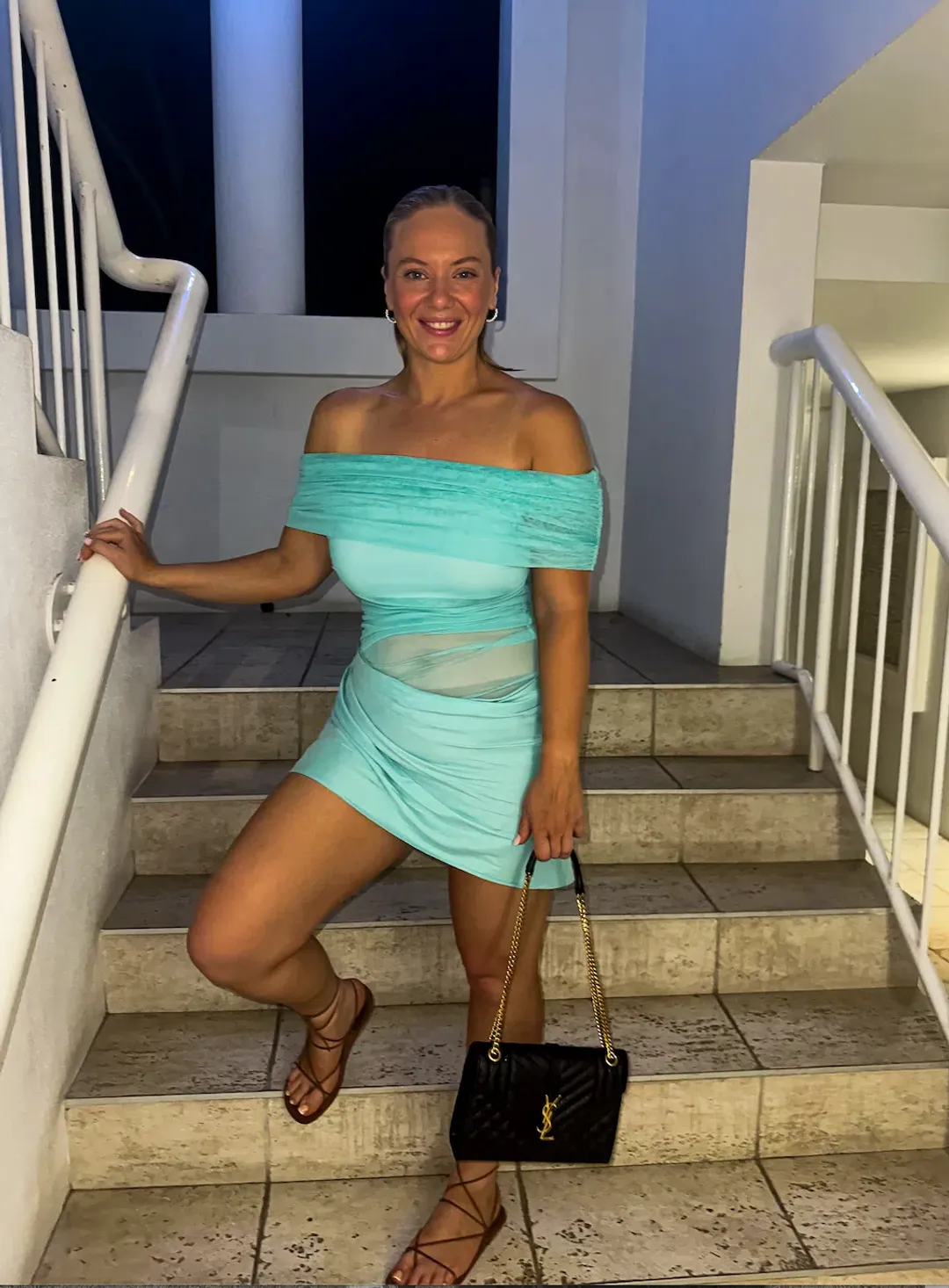 Benni Nico Off Shoulder Mini Dress in Aquamarine Size 10 for rent on The Volte - main image