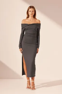 Shona Joy Beau Off Shoulder Twist Front Midi Dress in Dark Ash Size 8 for rent on The Volte - image 1