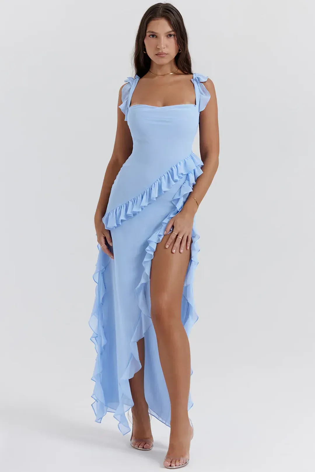 House of CB Ariela Ruffle Maxi Dress Soft Blue Size M / AU 10 for rent on The Volte - main image