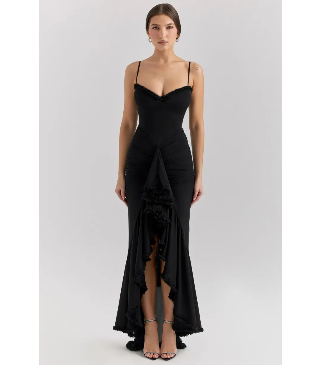 House of CB Gabbi Mesh Ruffled Front Gown Black Size XS / AU 6 for rent on The Volte - main image