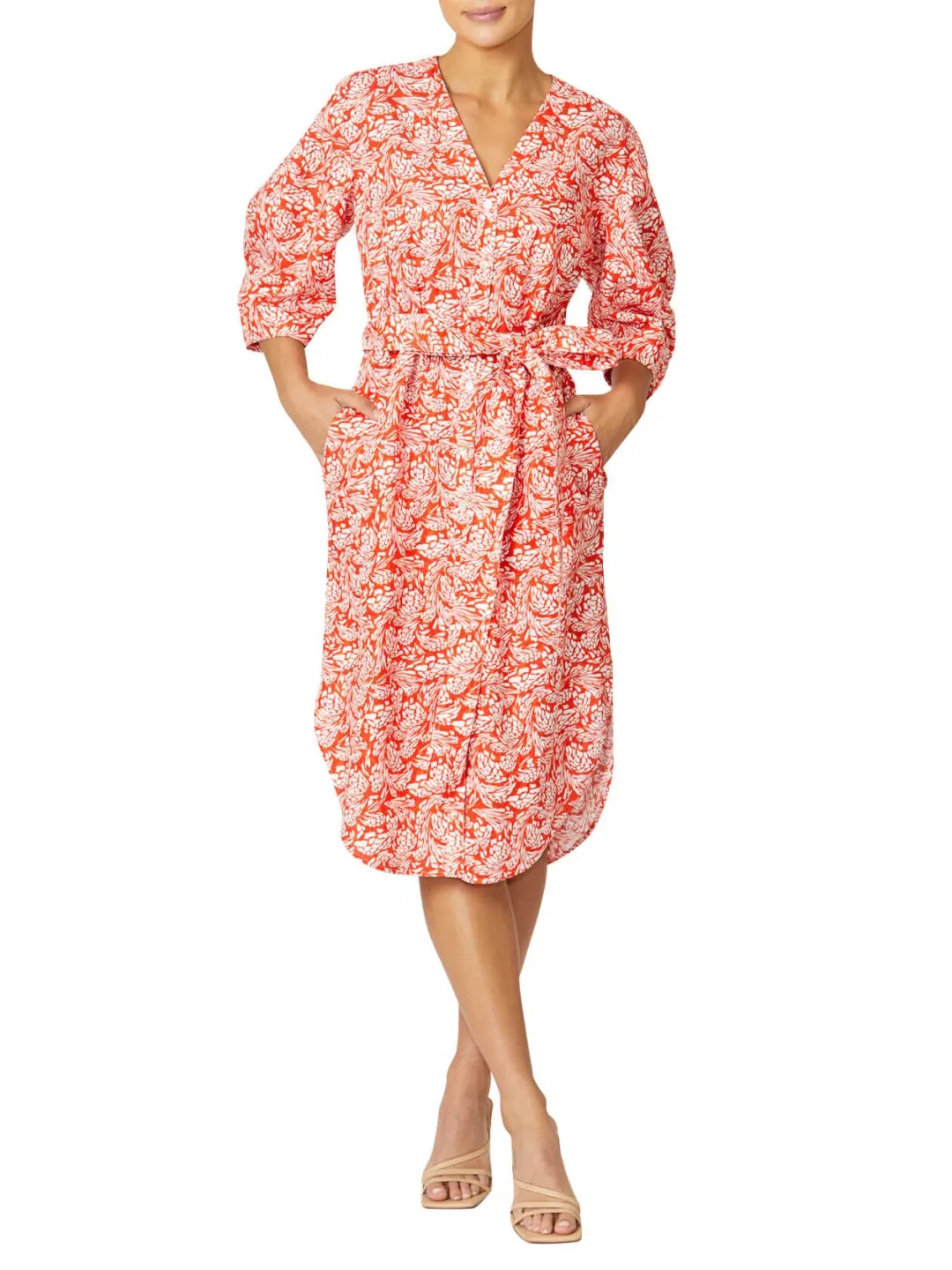 Anthea Crawford Kelly Knee Length Shirtdress Orange/White Size 18 for rent on The Volte - main image