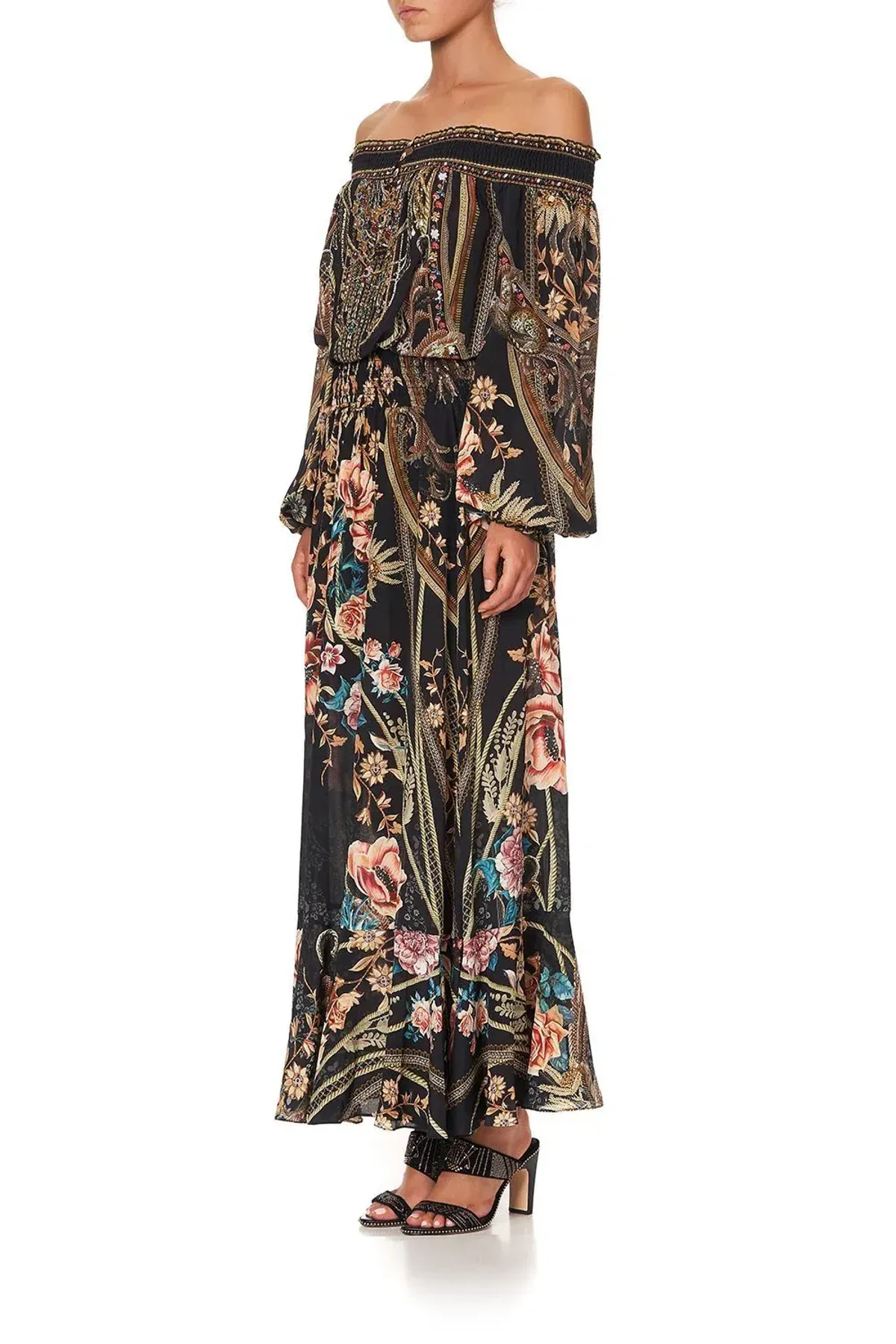 CAMILLA Off Shoulder Shirred Silk Maxi Dress Print Size S/Au 10 - Image 4