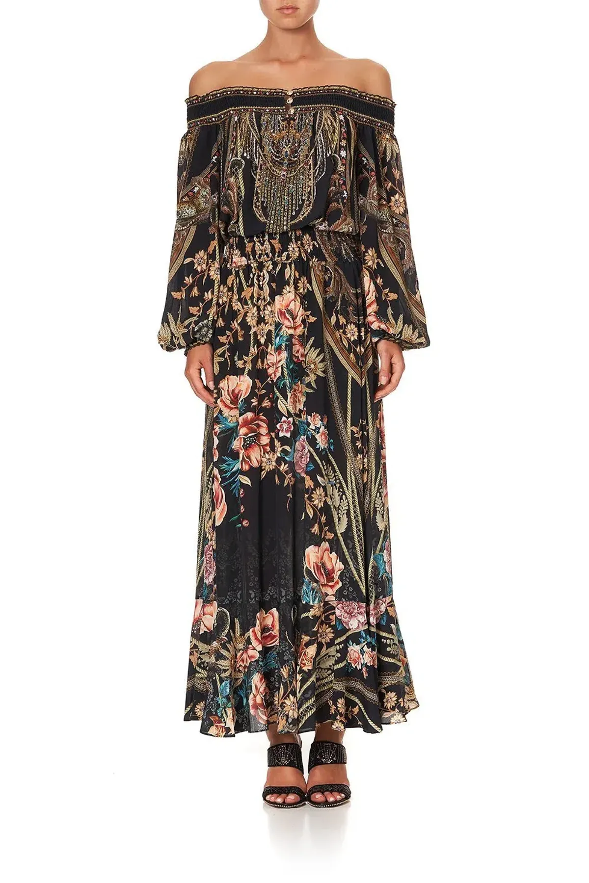 CAMILLA Off Shoulder Shirred Silk Maxi Dress Print Size S/Au 10 - Image 3