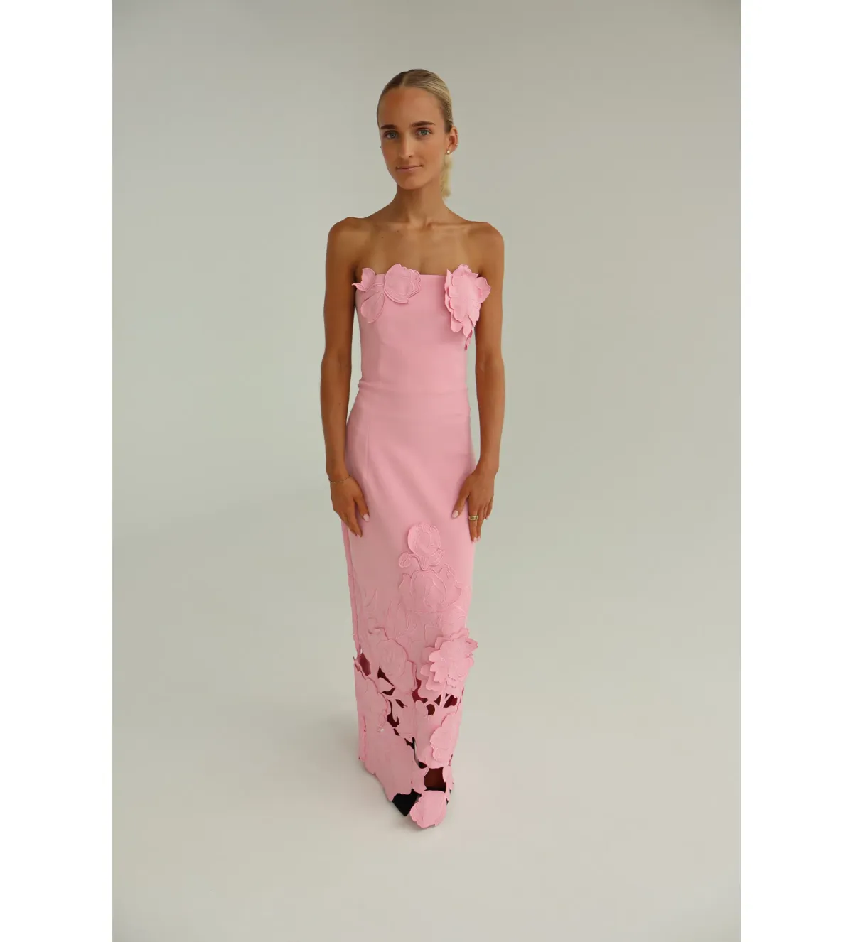 Leo Lin Rayna Appliqué Bustier Maxi Dress in Flamingo Size AU10 for rent on The Volte - main image