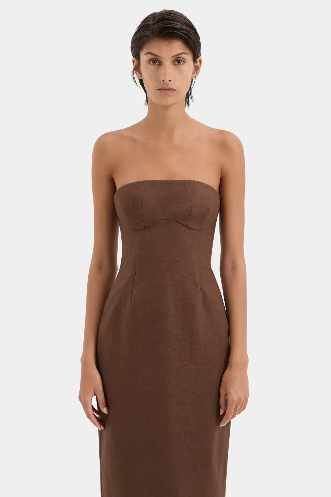 Sir the Label Evalita Column Midi Dress Chocolate Size 0 / AU 6 for rent on The Volte - main image