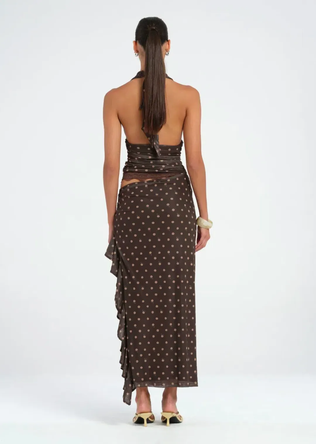 Benni Penelope Maxi Dress Chocolate Polka Dot Size 8 for rent on The Volte - main image