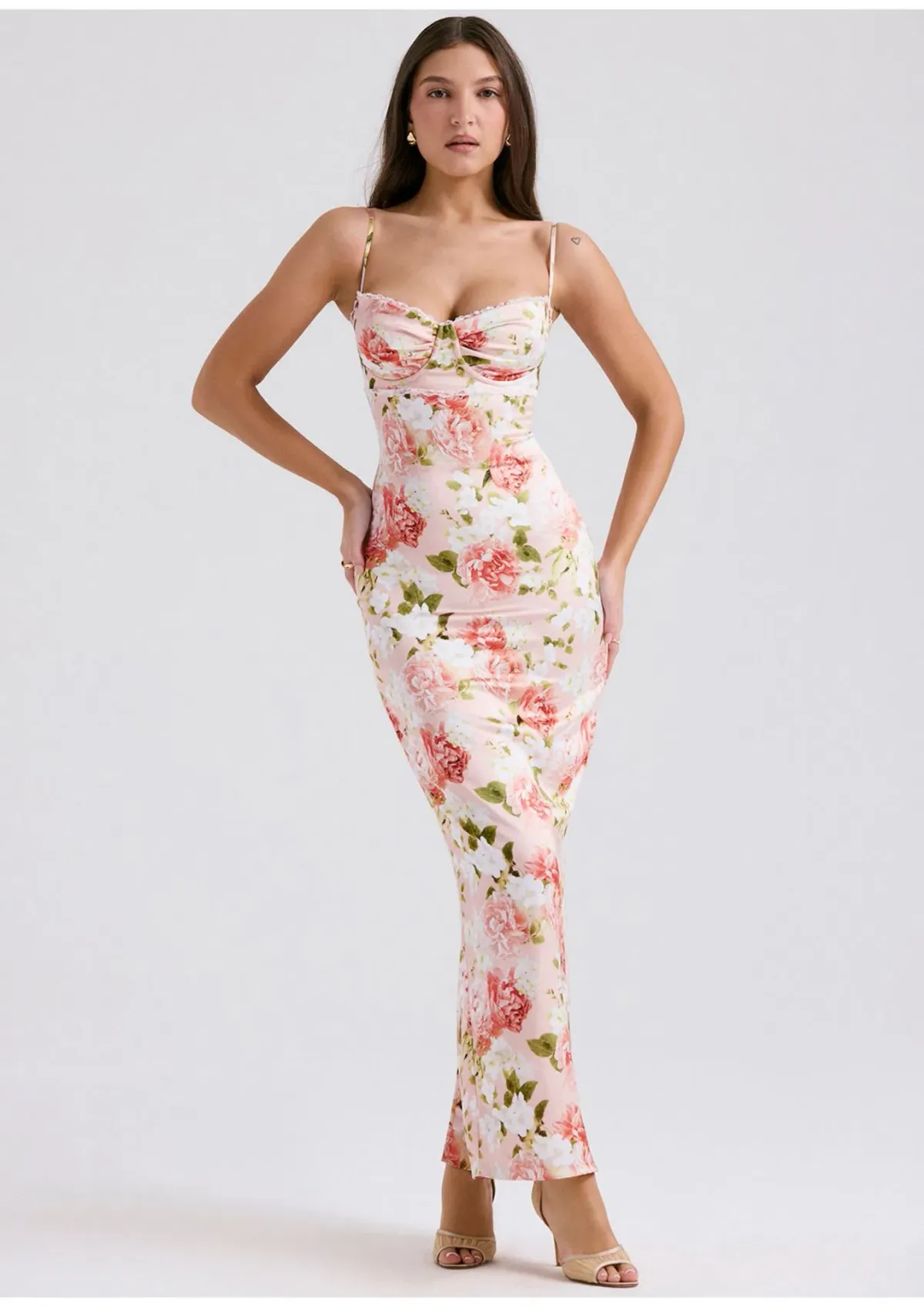 House of CB Josefina Satin Maxi Dress Pink Peony Floral Print Size S / AU 8 for rent on The Volte - main image