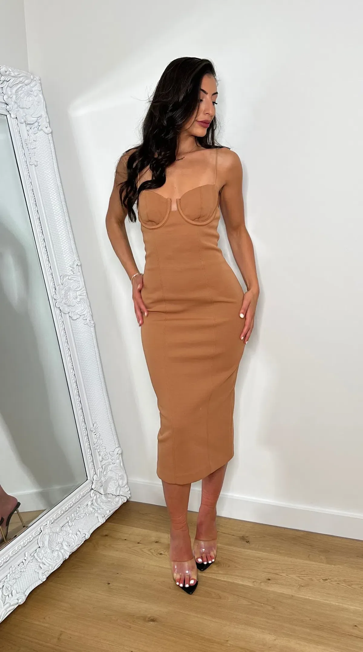 Misha Cristal Bonded Crepe Midi Dress Praline Brown Size 8/S - Image 1