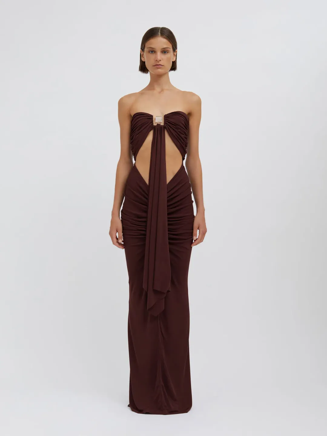 Christopher Esber Bezel Quartz Disconnect Dress Mahogany Size S/Au 8 for rent on The Volte - main image