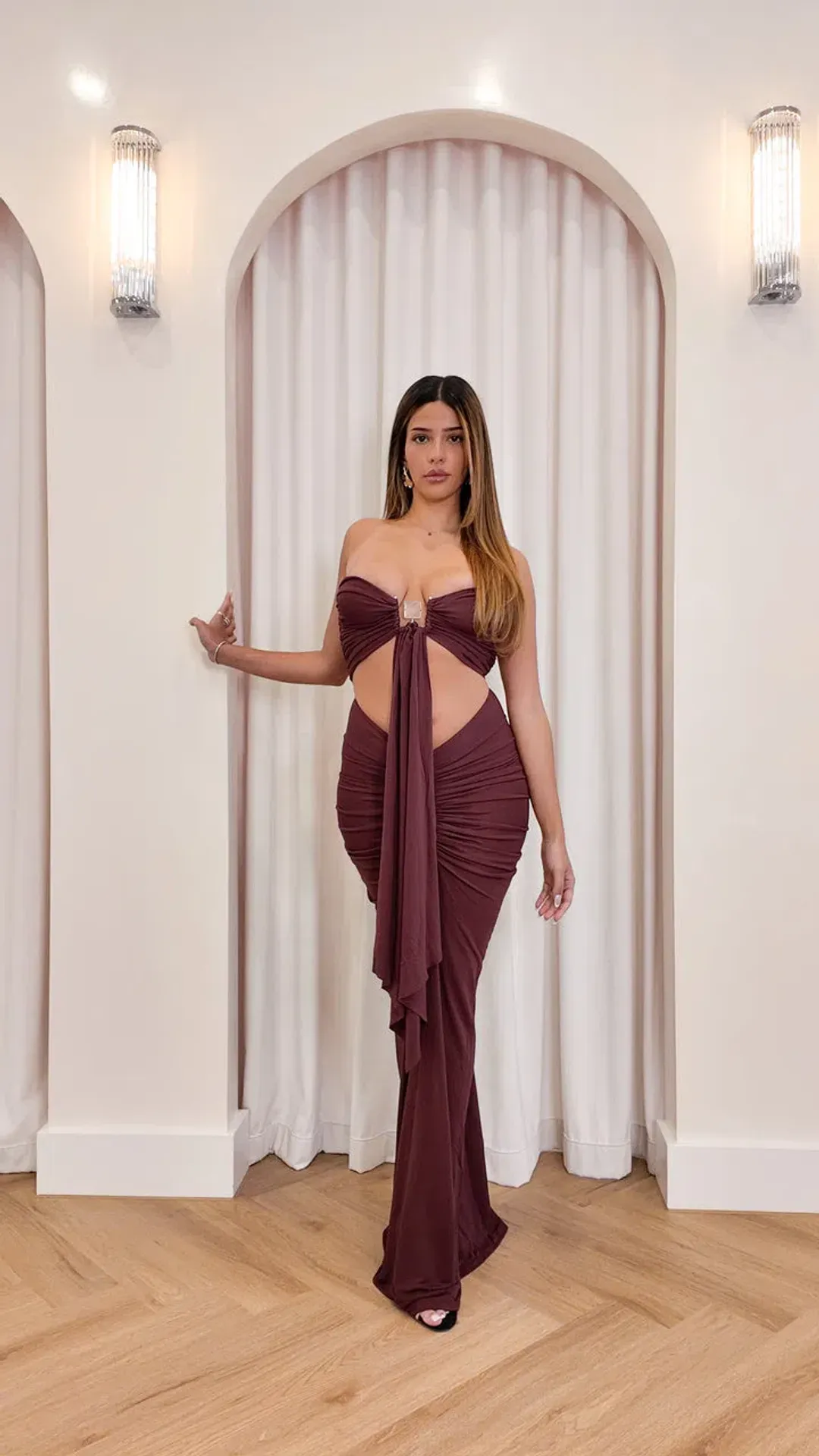 Christopher Esber Bezel Quartz Disconnect Dress Mahogany Size S/Au 8 for rent on The Volte - main image