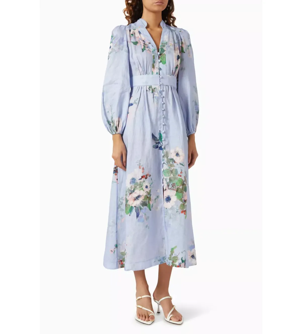 Zimmermann The Everley Plunge Midi Dress in Light Blue Watercolour Floral Size 2/Au 12 - Image 2
