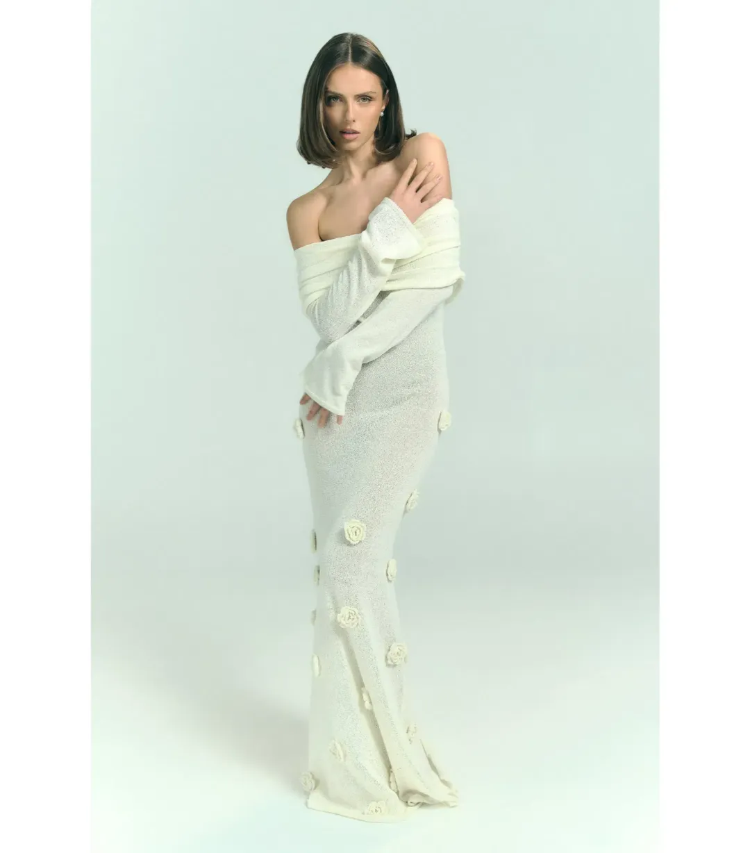 Meshki Kiki Off Shoulder Knit Rose Maxi Dress Ivory Size L / AU 12 for rent on The Volte - main image