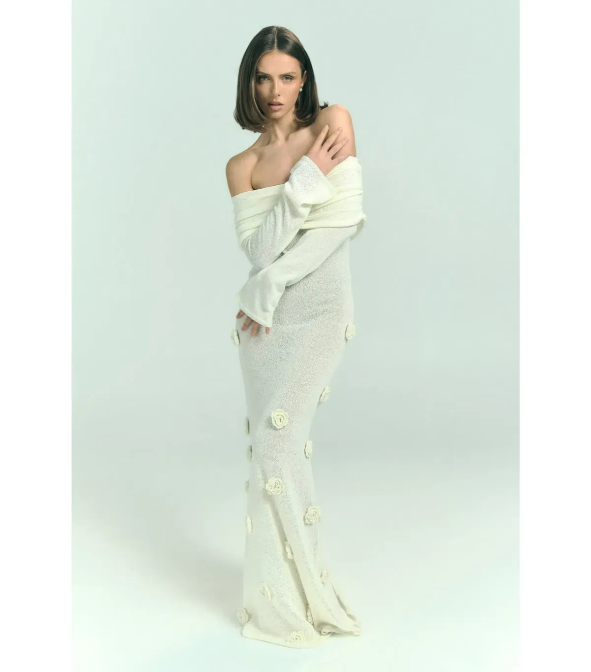 Meshki Kiki Off Shoulder Knit Rose Maxi Dress Ivory Size L / AU 12 - Image 4