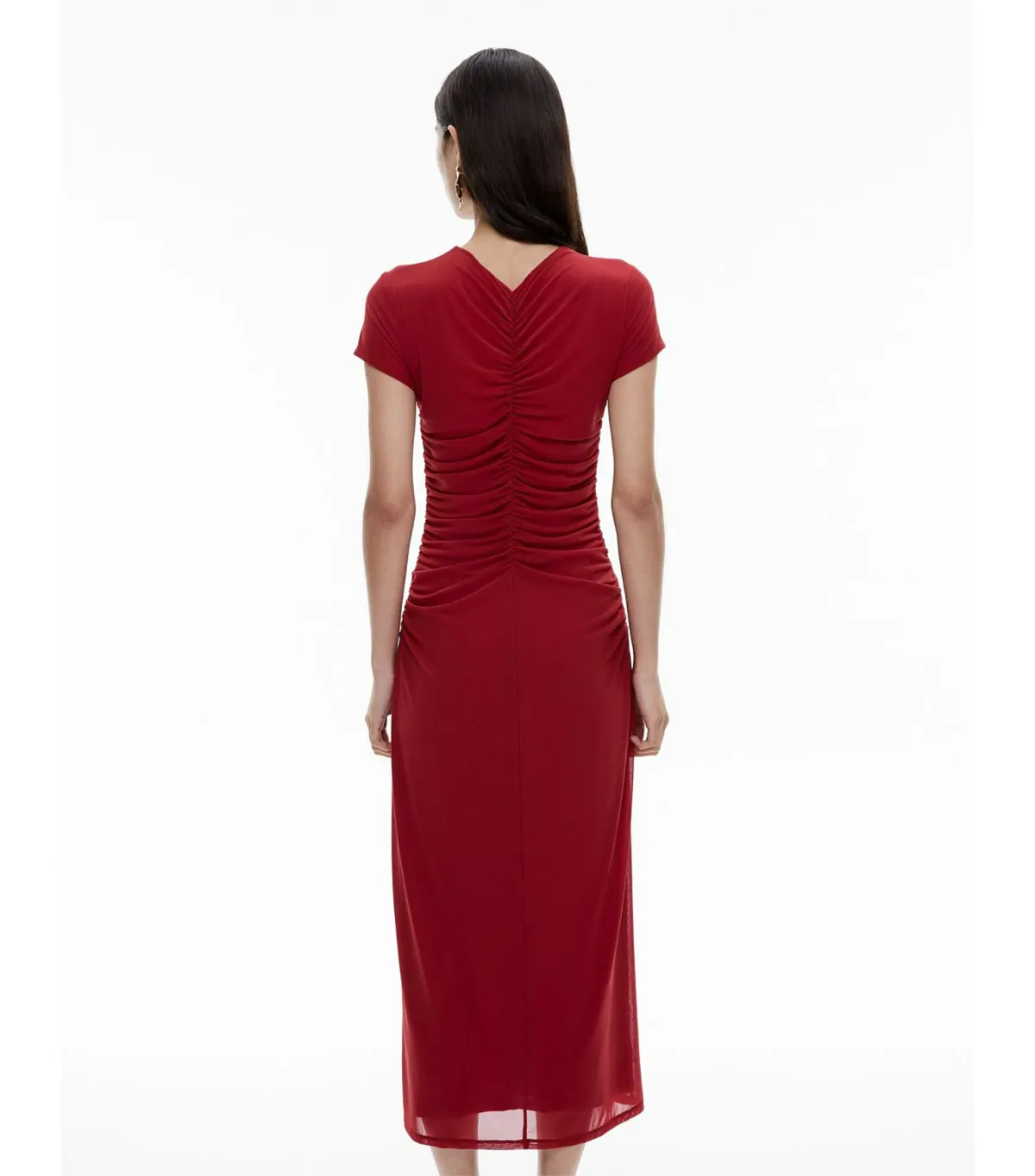 Witchery Gather Mesh Midi Dress Ruby Size AU 12 - Image 4