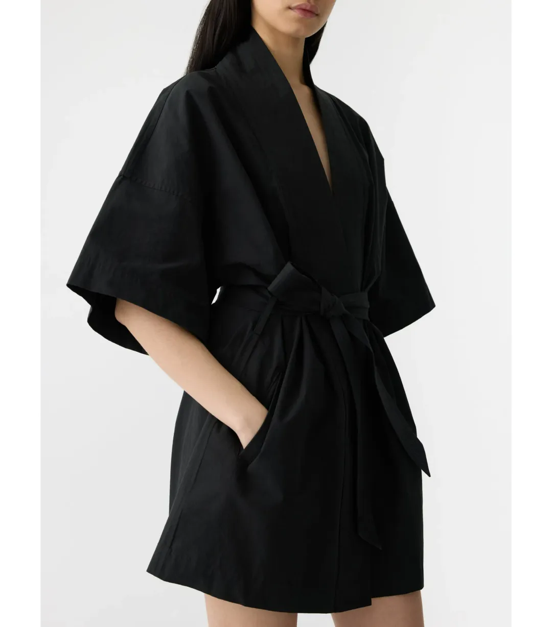Bassike Crushed Cotton Wrap Mini Dress Black Size 3 / AU 12 for rent on The Volte - main image