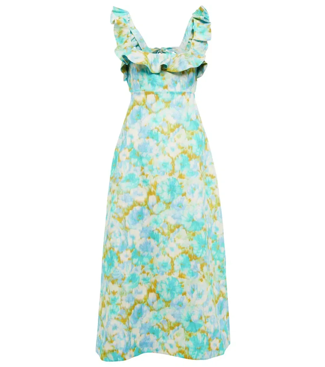 Zimmermann High Tide Frilled Midi Dress Aqua Ikat Floral Size 4 / AU 16 for rent on The Volte - main image