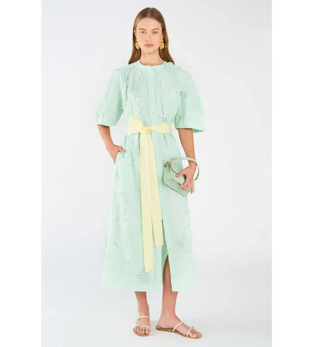 Oroton Column Sea Spray Dress Lace Midi Green Size AU 16 for rent on The Volte - main image