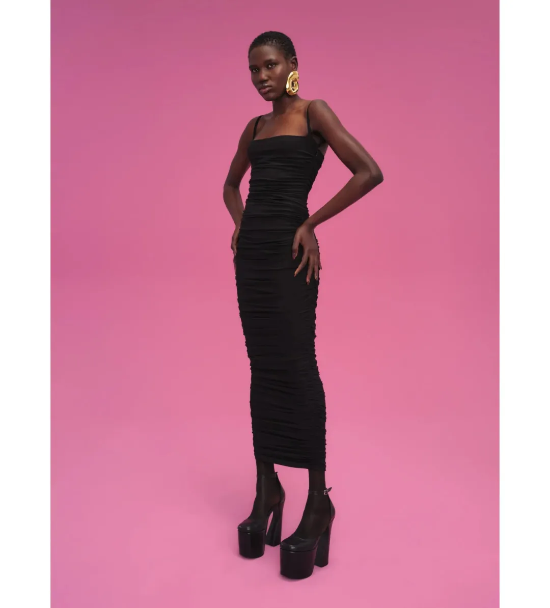 Solace London Adler Ruched Black Midi Dress Size AU 8 /US 4 for rent on The Volte - main image