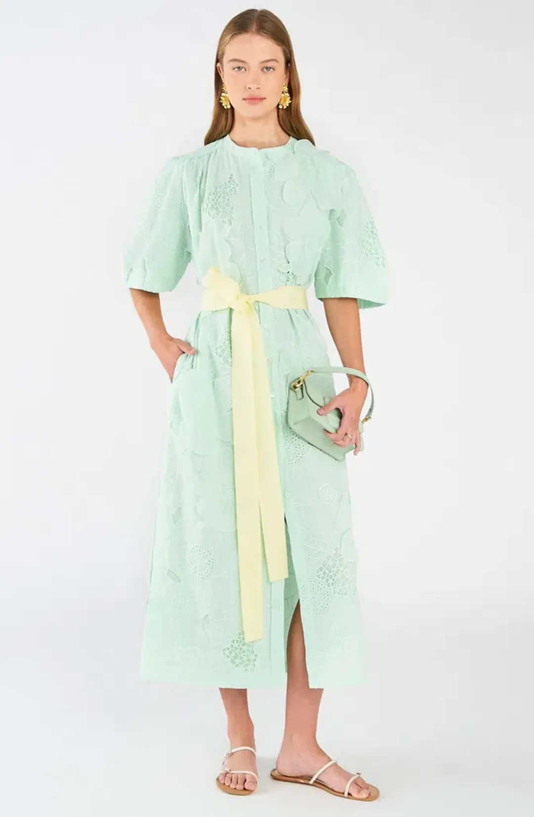 Oroton Lace Column Relaxed Midi Dress Sea Spray Green Size 16 for rent on The Volte - main image
