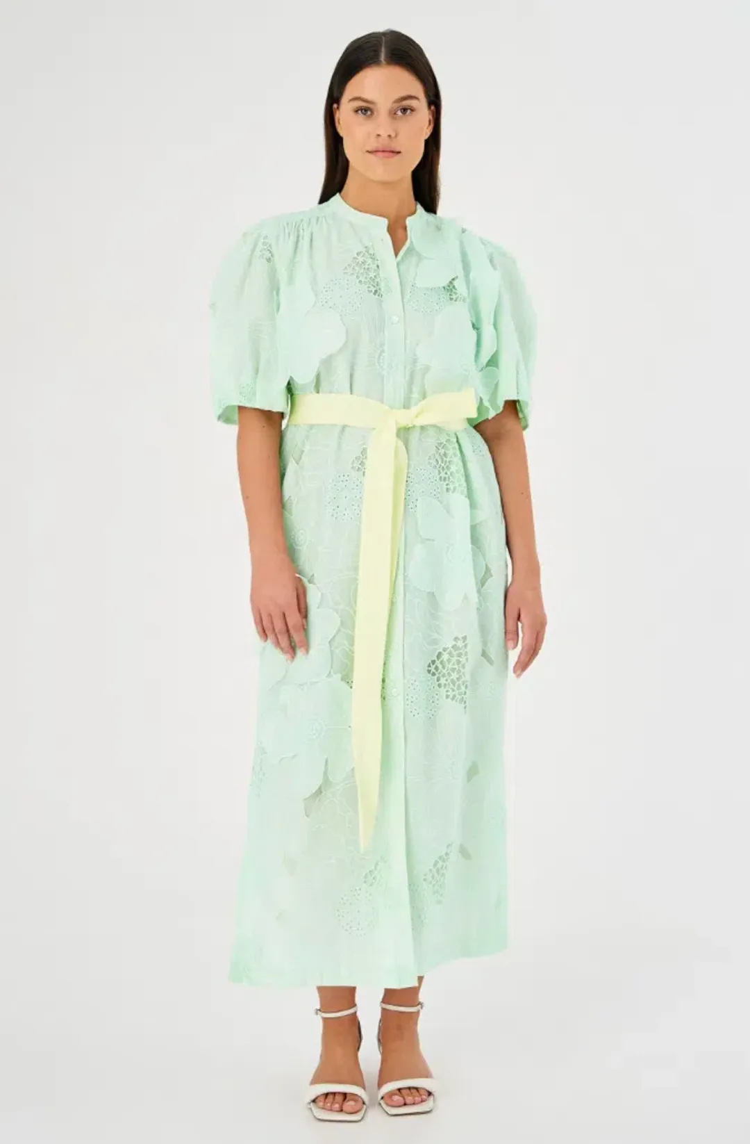 Oroton Lace Column Relaxed Midi Dress Sea Spray Green Size 16 for rent on The Volte - main image