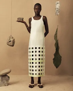 Lucy Folk Silk Long Grid Dress White Size 2/Au 10/Medium for rent on The Volte - image 1