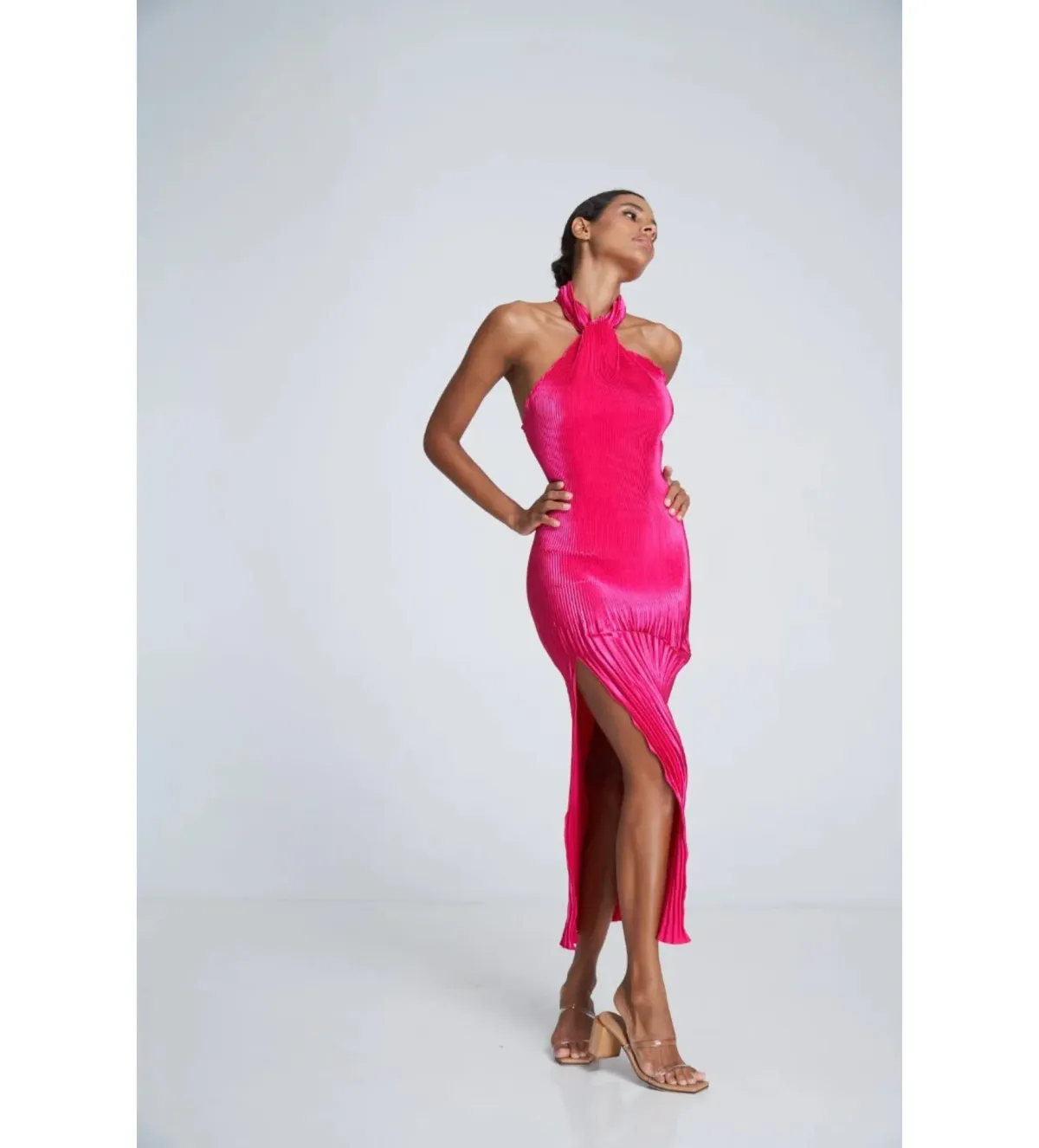 L'Idee Soiree Pleated Halter Gown Punch Hot Pink Size AU 12 - Image 4