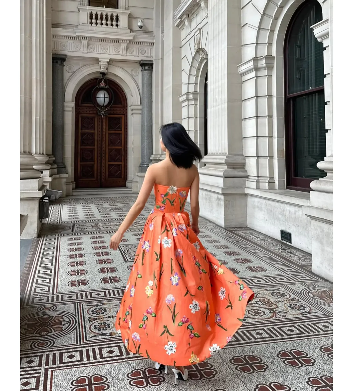 Leo Lin Lynn Bustier Midi Dress Coral Floral Size 14 - Image 3