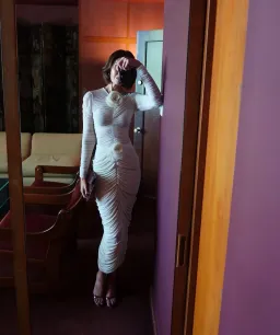 Magda Butrym Floral-Appliqué Ruched Midi Top and Skirt Set Cream Size 6 for rent on The Volte - image 5