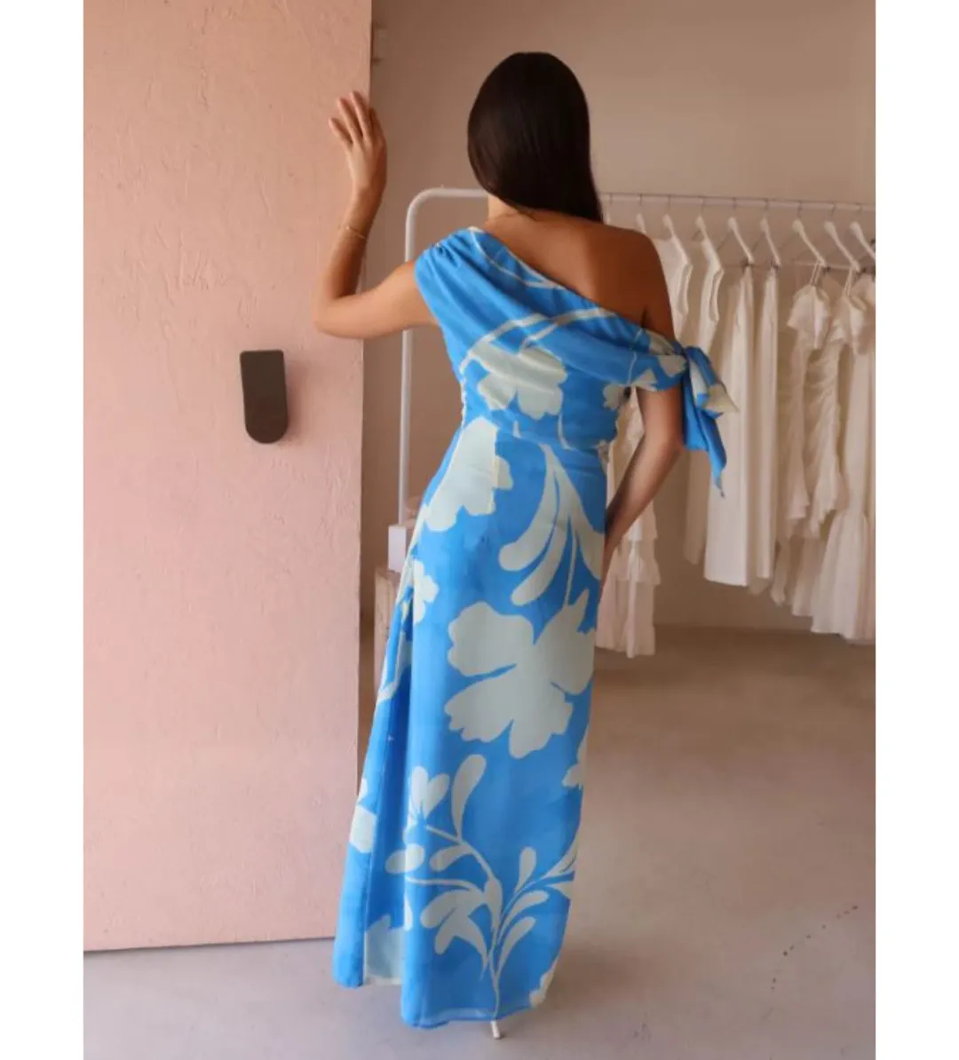 By Nicola Hailey One Shoulder Tie Maxi Dress in Capri Size AU 8 for rent on The Volte - main image