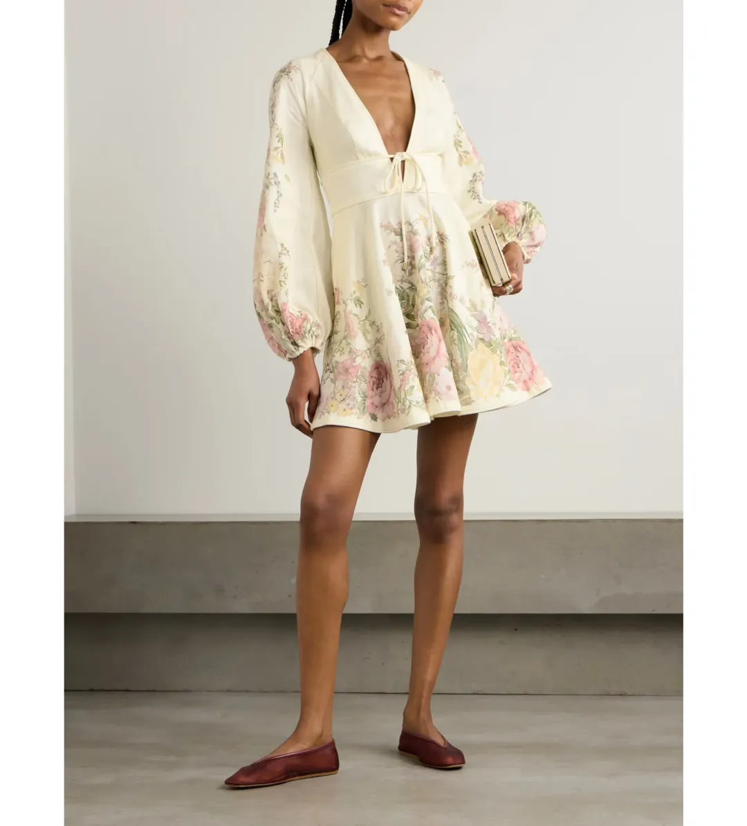 Zimmermann Waverly Plunge Tie-detailed Floral-print Linen Mini Dress Floral Size 0/Au 8 for rent on The Volte - main image
