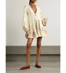 Zimmermann Waverly Plunge Tie-detailed Floral-print Linen Mini Dress Floral Size 0/Au 8 for rent on The Volte - image 1