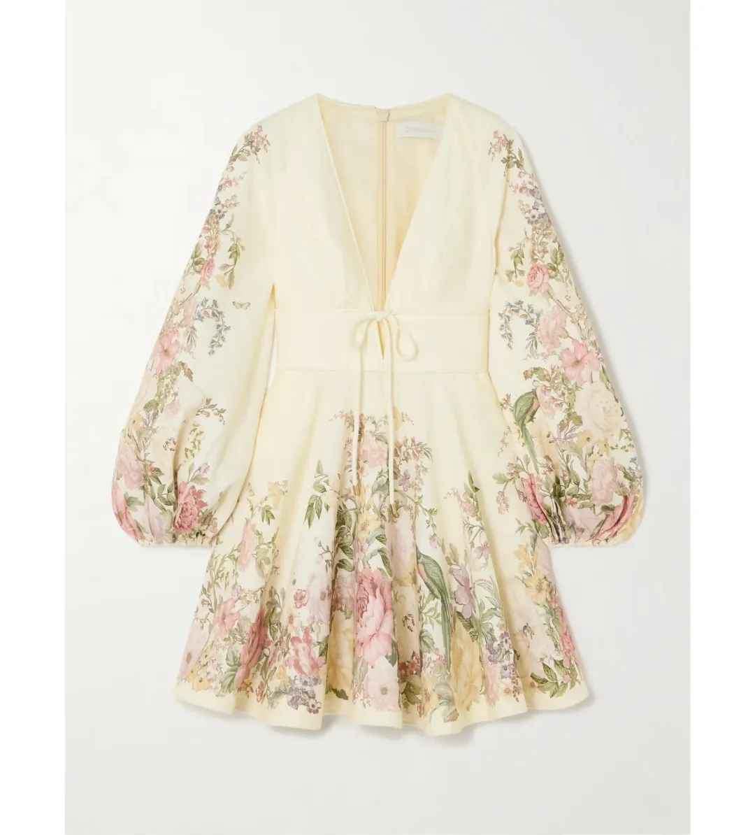 Zimmermann Waverly Plunge Tie-detailed Floral-print Linen Mini Dress Floral Size 0/Au 8 for rent on The Volte - main image