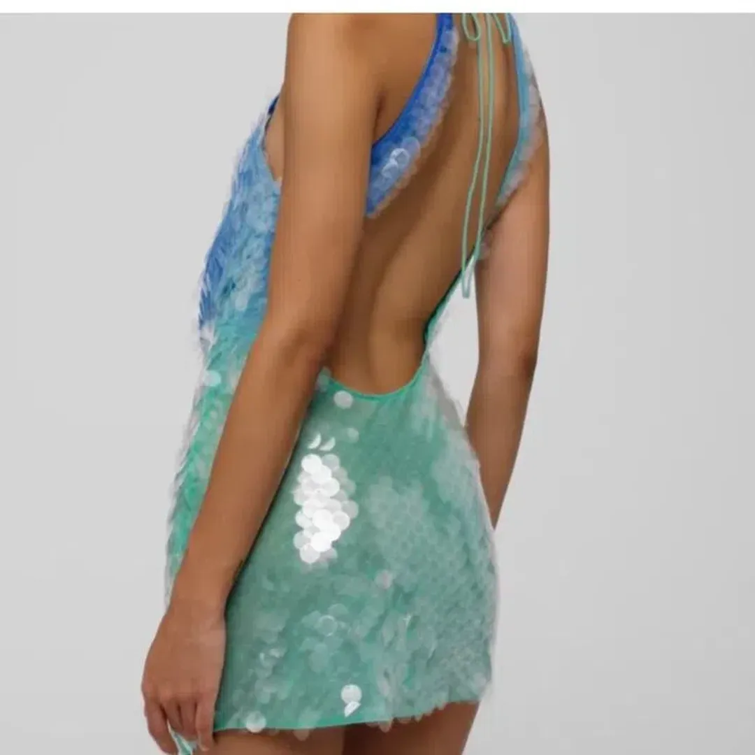 Rat & Boa Kiki Sequin Blue Green Halter Mini Size S AU 8 for rent on The Volte - main image