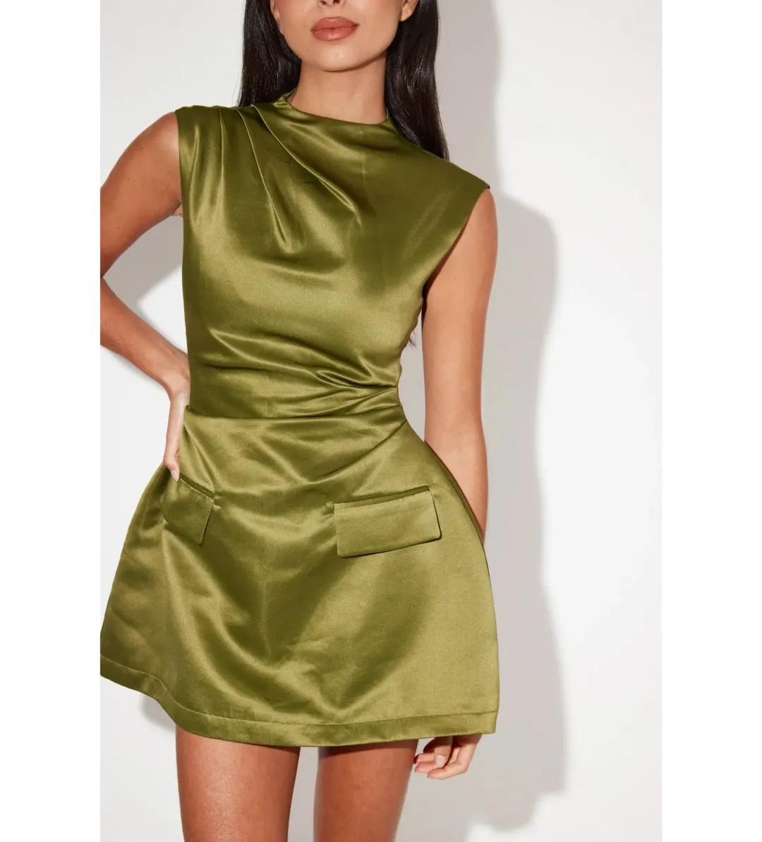 Odd Muse The Ultimate Muse Satin Straight Neck Mini Dress Olive Size XS / AU 6 for rent on The Volte - main image