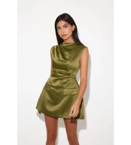 Odd Muse The Ultimate Muse Satin Straight Neck Mini Dress Olive Size XS / AU 6 for rent on The Volte - image 2