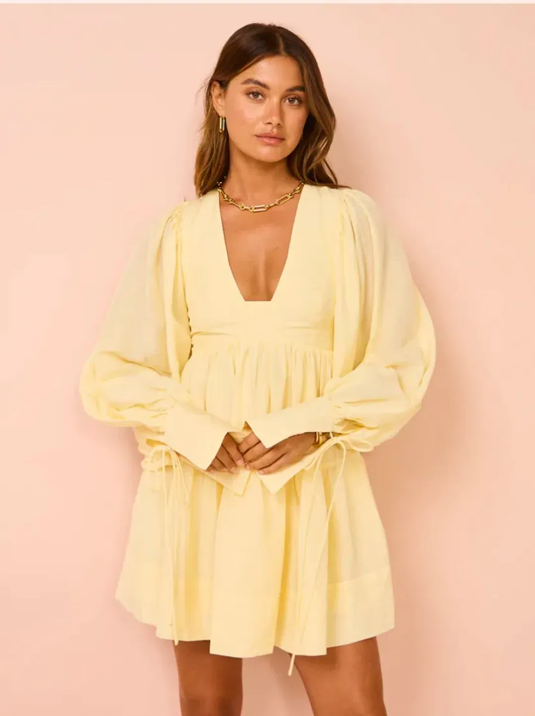 Shona Joy Limon Long Sleeve Mini Dress Yellow Size AU 10 for rent on The Volte - main image