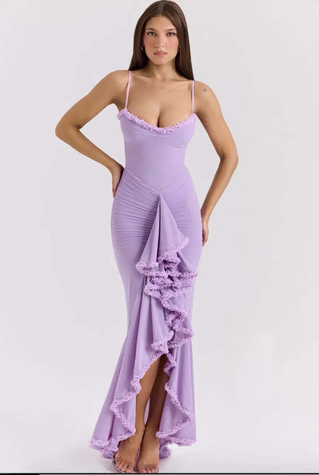 House of CB Gabbi Orchid Mesh Ruffled Front Gown Purple Lilac Size S AU 8 for rent on The Volte - main image