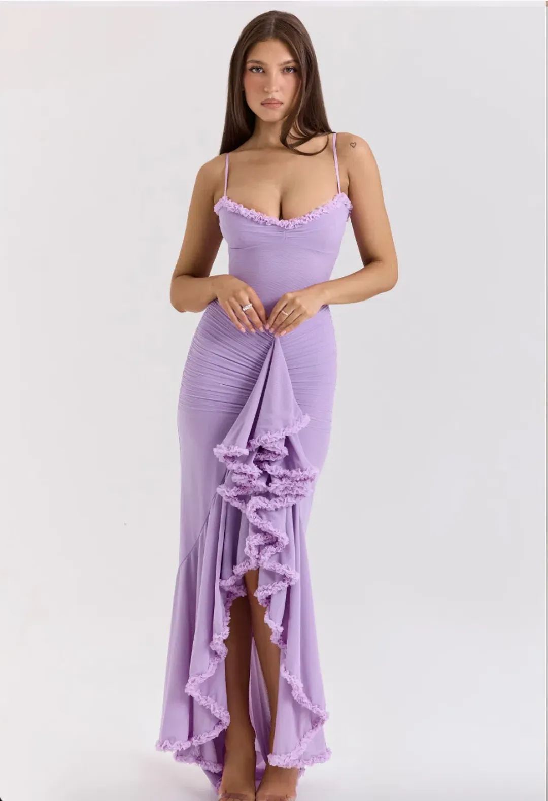 House of CB Gabbi Orchid Mesh Ruffled Front Gown Purple Lilac Size S AU 8 for rent on The Volte - main image