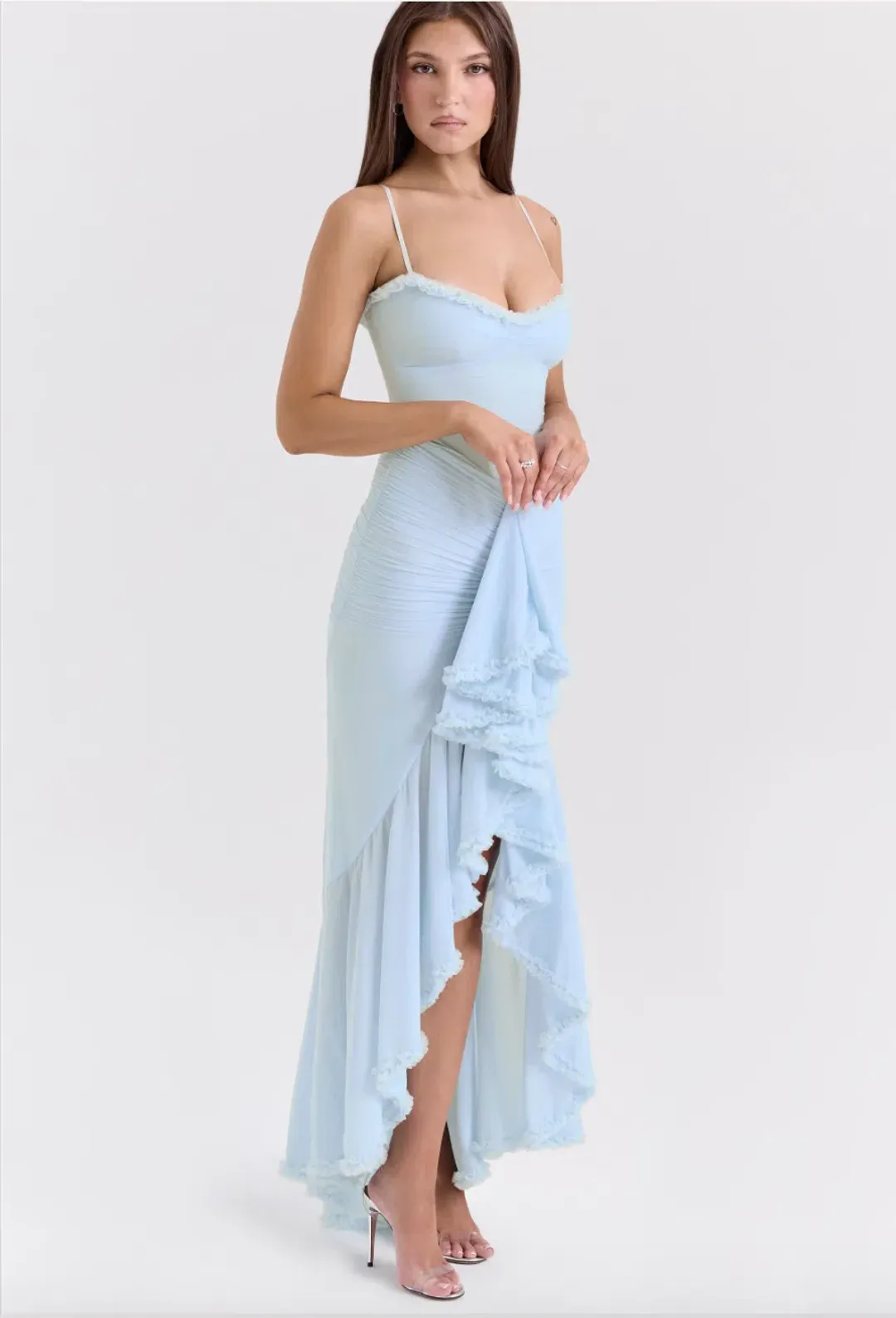House of CB Gabbi Ice Blue Mesh Ruffled Front Gown Size AU 6 for rent on The Volte - main image