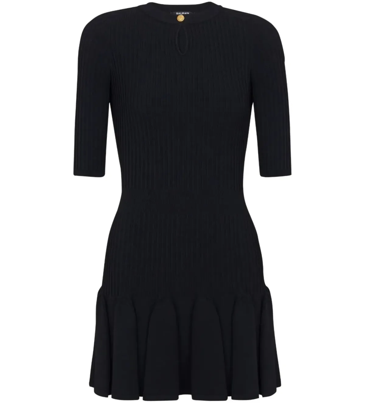 Balmain Round Neck Pleated Ribbed-Knit Skater Mini Dress Black Size AU 10 - Image 5