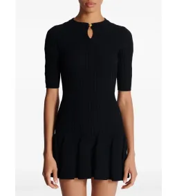 Balmain Round Neck Pleated Ribbed-Knit Skater Mini Dress Black Size AU 10 for rent on The Volte - image 3