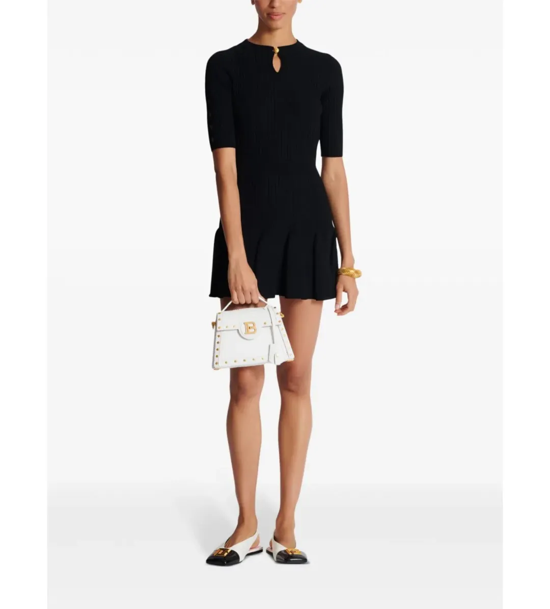 Balmain Round Neck Pleated Ribbed-Knit Skater Mini Dress Black Size AU 10 for rent on The Volte - main image