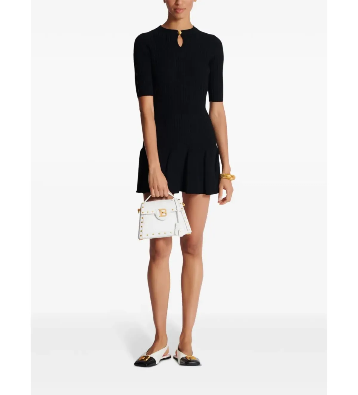 Balmain Round Neck Pleated Ribbed-Knit Skater Mini Dress Black Size AU 10 for rent on The Volte - main image