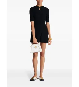 Balmain Round Neck Pleated Ribbed-Knit Skater Mini Dress Black Size AU 10 for rent on The Volte - image 1