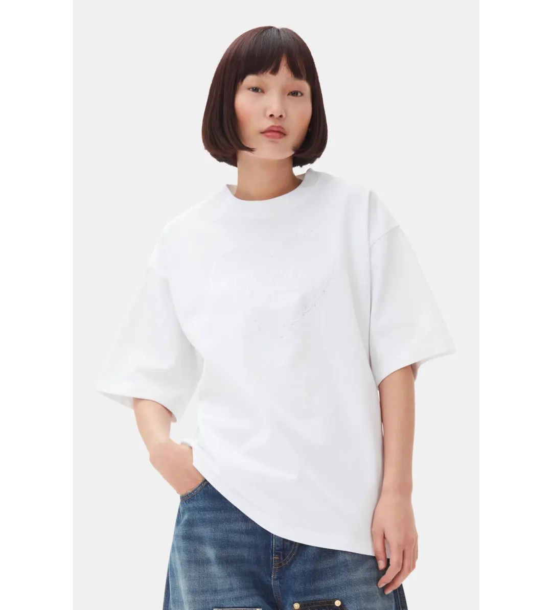 Ganni Heavy Cotton Drop Shoulder Heart T-shirt in White Size S/ AU 8 for rent on The Volte - main image