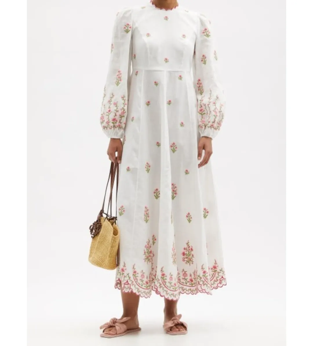 Zimmermann Poppy Floral-Embroidered Linen-Blend Midi Dress White Size 3/AU 14 for rent on The Volte - main image