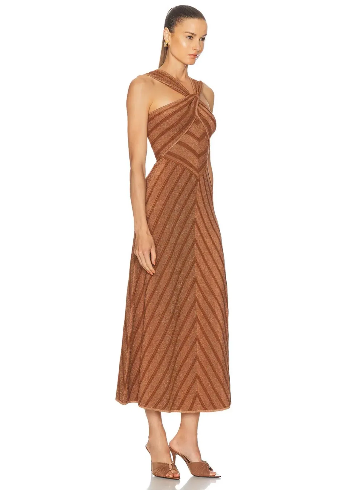 Zimmermann Illuminate Halter Midi Dress in Metallic Bronze Stripe Size 1 / AU 10 - Image 2